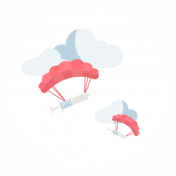 En tecknad illustration av två sprutor som svävar med fallskärmar