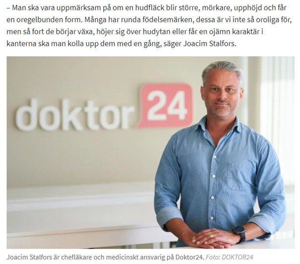 I Expressen Hälsoliv berättar Doktor24:s chefläkare Joacim Stalfors om hur  man solar säkert, vilka hudprickar man bör se upp för och hur du kollar  dina egna prickar | Doktor24